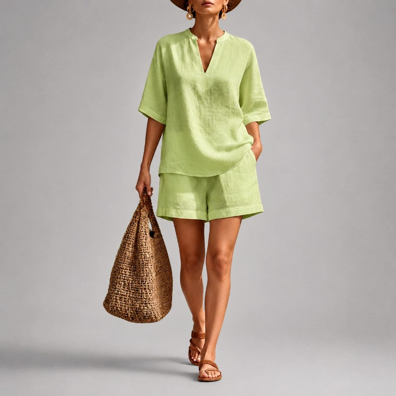 Rosalind - Women's V-Neck Linen Matching Set