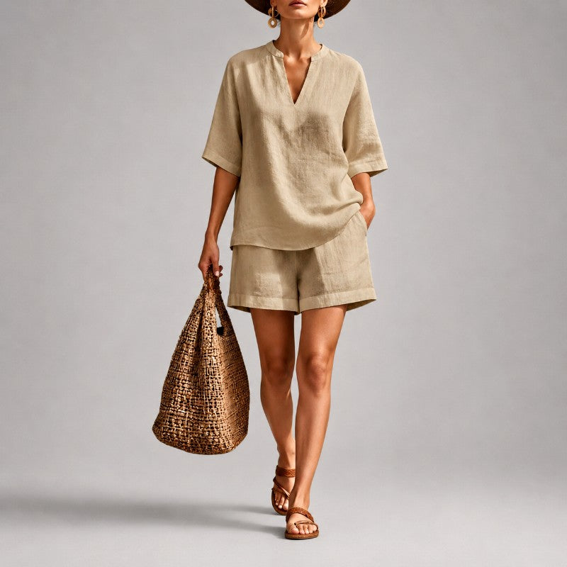 Rosalind - Women's V-Neck Linen Matching Set