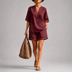 Rosalind - Women's V-Neck Linen Matching Set
