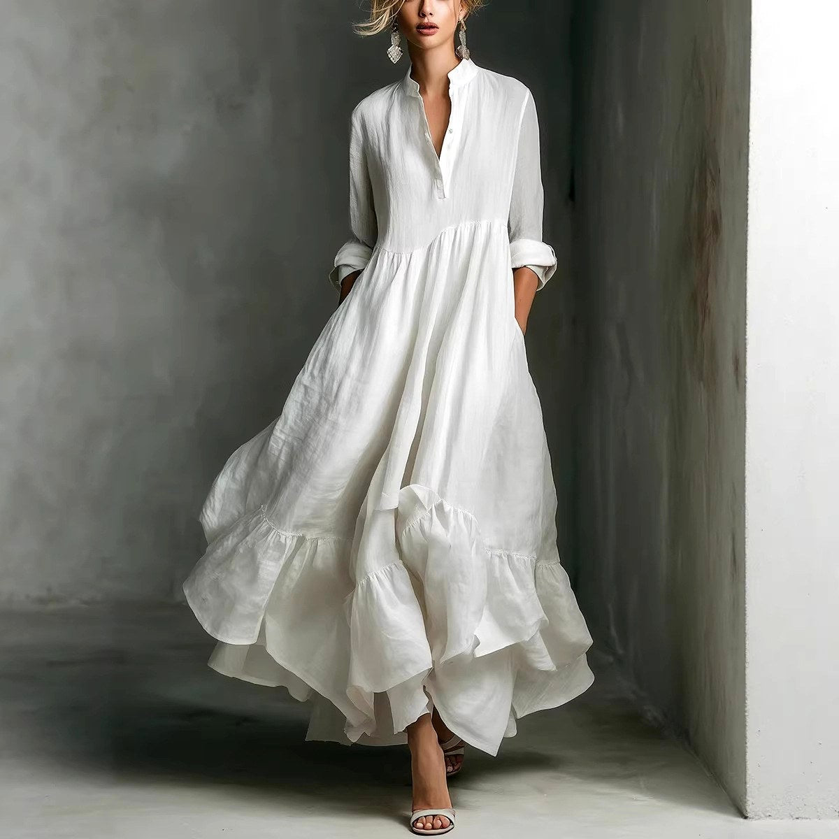 Rosalind - Women's Linen Blend Ruffle Maxi Dress 1