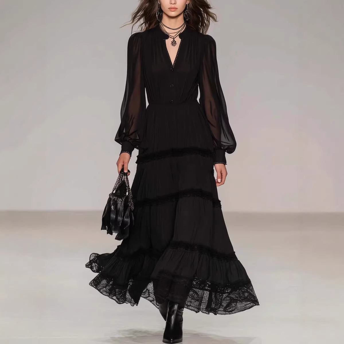 Rosalind - Women's Sheer Sleeve Tiered Maxi Dress 1