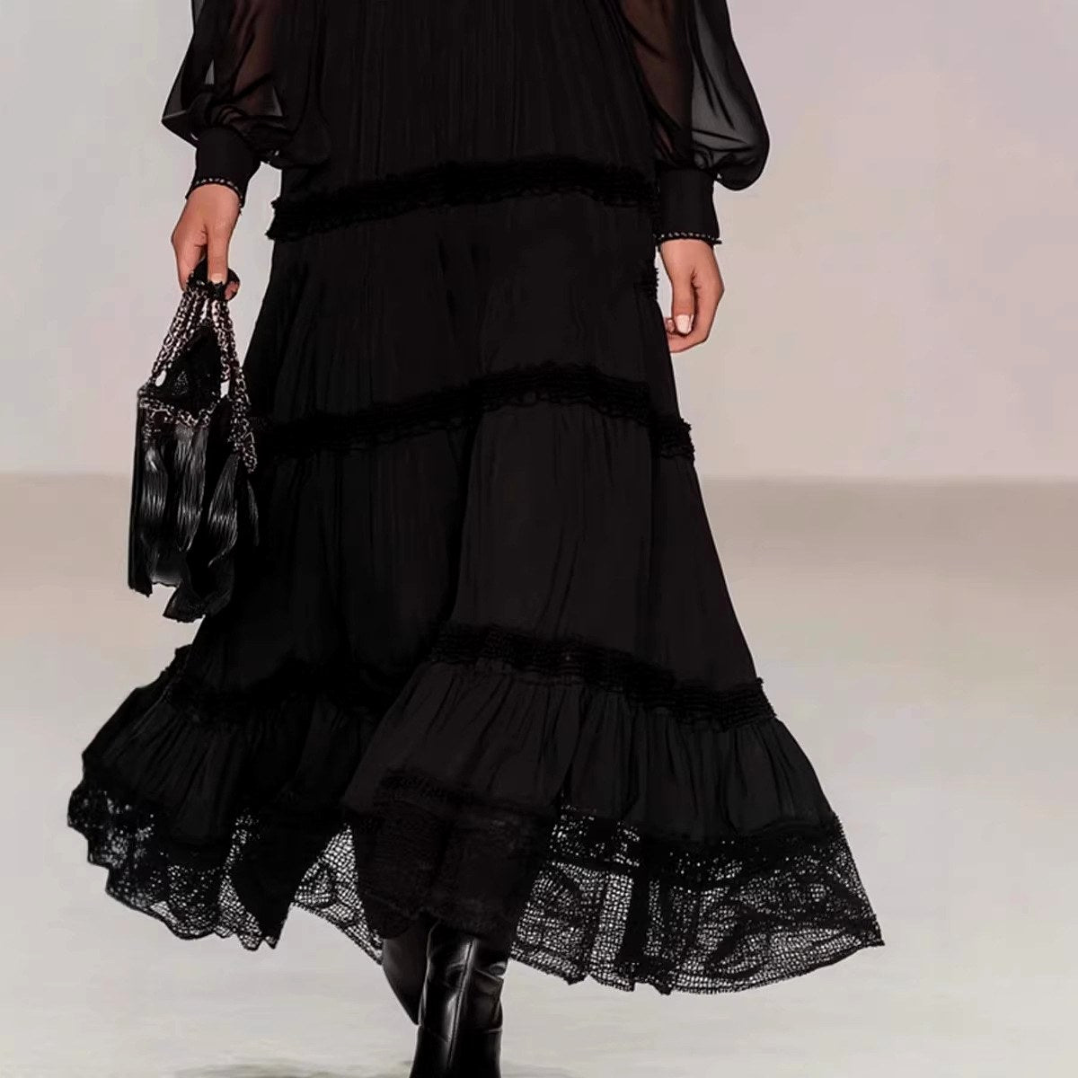 Rosalind - Women's Sheer Sleeve Tiered Maxi Dress 2
