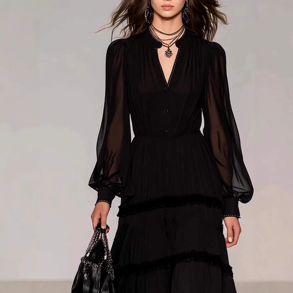 Rosalind - Women's Sheer Sleeve Tiered Maxi Dress 3