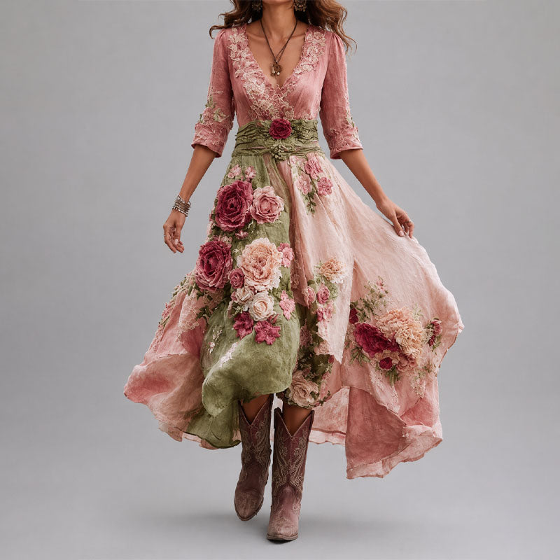 Rosanna - Women's Floral Patchwork Wrap Dress with Asymmetrical Hem