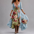 Rosanna - Women's Floral Patchwork Wrap Dress with Asymmetrical Hem