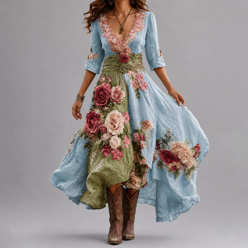 Rosanna - Women's Floral Patchwork Wrap Dress with Asymmetrical Hem