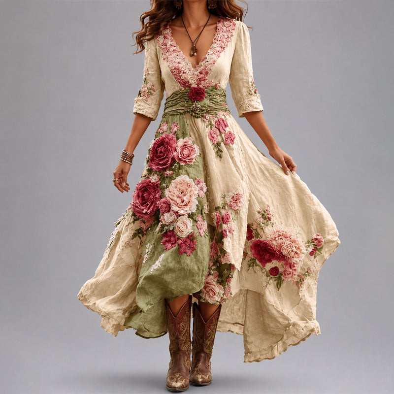 Rosanna - Women's Floral Patchwork Wrap Dress with Asymmetrical Hem