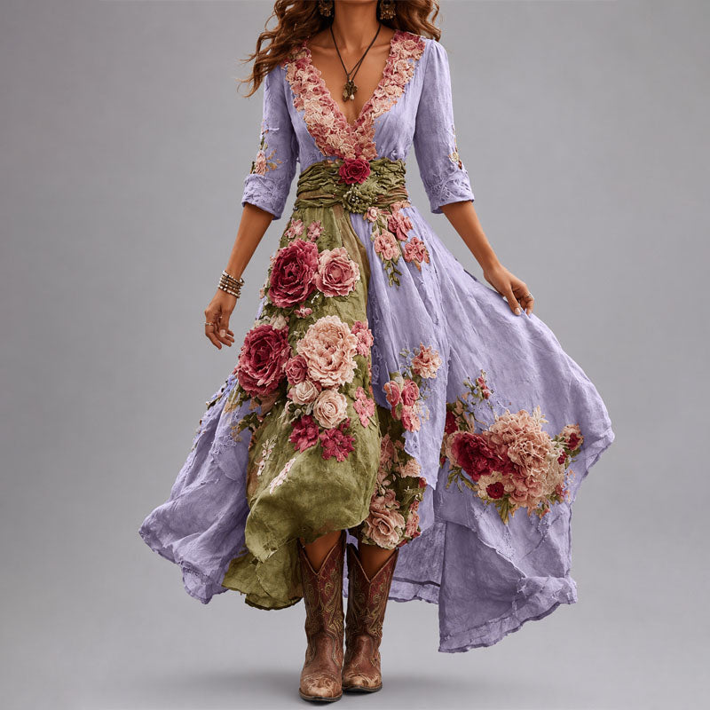 Rosanna - Women's Floral Patchwork Wrap Dress with Asymmetrical Hem