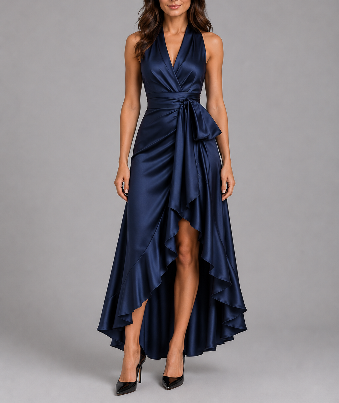 Rosie - Women's Halter Wrap Maxi Dress with Cascading Ruffle Hem