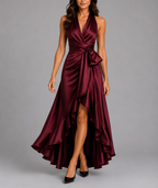 Rosie - Women's Halter Wrap Maxi Dress with Cascading Ruffle Hem
