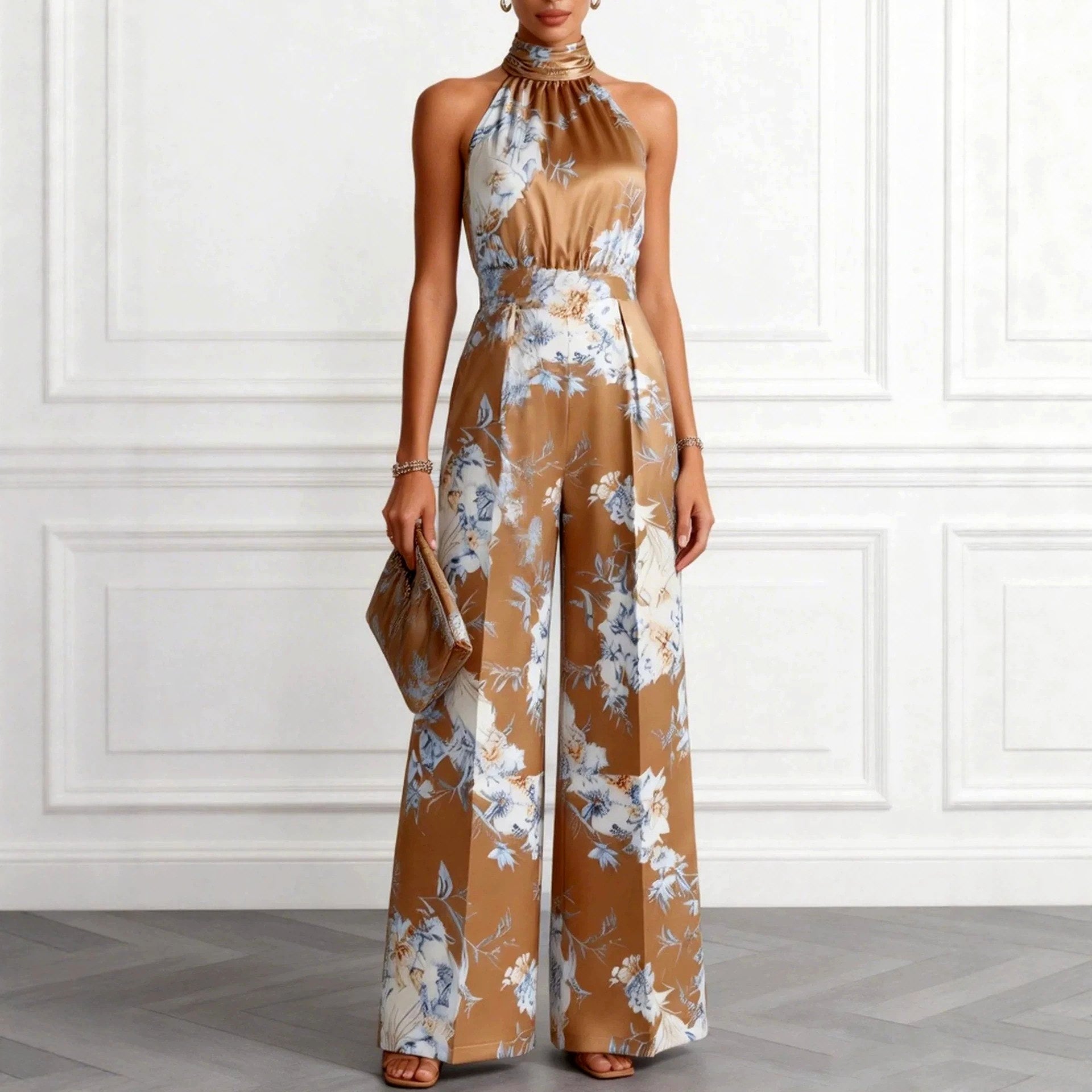 Ruth - Women's Floral Halter Wide-Leg Jumpsuit 1