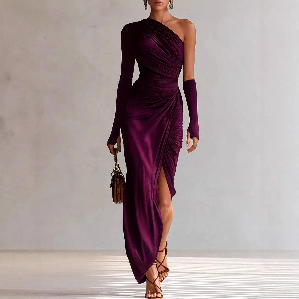 Ruth - Women's One-Shoulder Ruched Long Sleeve Maxi Dress 1