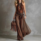 Sabrina - Women's Halter Top & Leopard Print Wide-Leg Pants Set 1