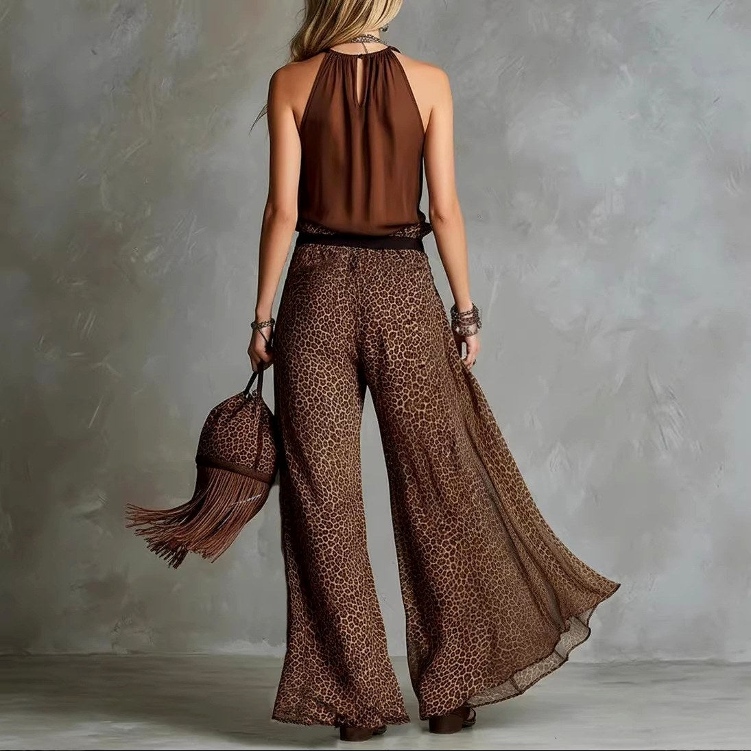 Sabrina - Women's Halter Top & Leopard Print Wide-Leg Pants Set 2