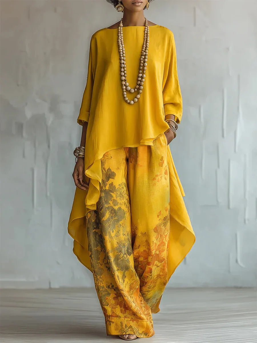 Sadie - Women's Asymmetrical Layered Top with Wide-Leg Floral Pants Set