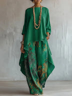 Sadie - Women's Asymmetrical Layered Top with Wide-Leg Floral Pants Set