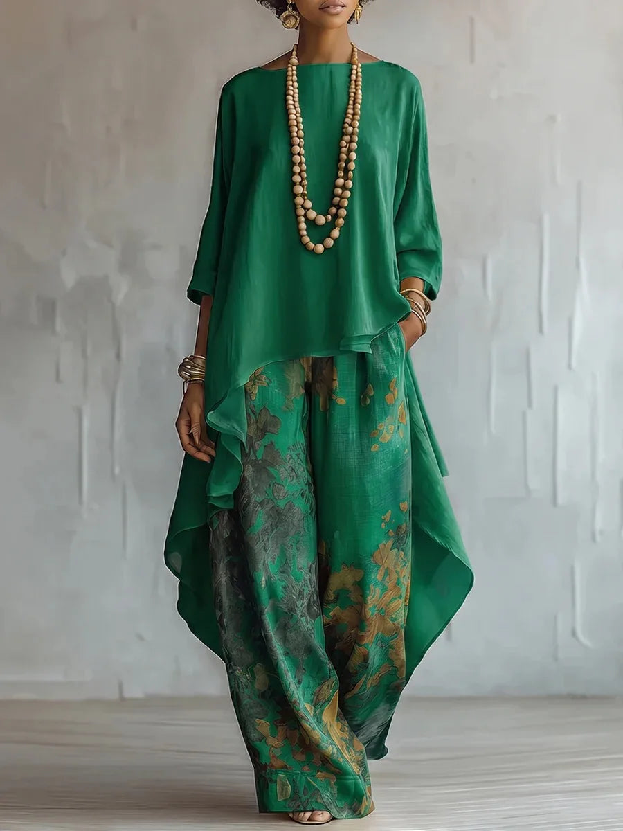 Sadie - Women's Asymmetrical Layered Top with Wide-Leg Floral Pants Set