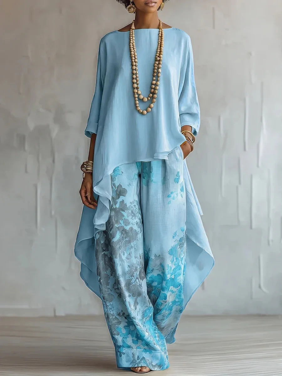 Sadie - Women's Asymmetrical Layered Top with Wide-Leg Floral Pants Set