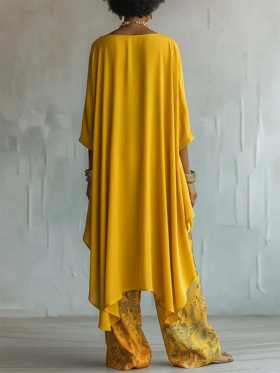 Sadie - Women's Asymmetrical Layered Top with Wide-Leg Floral Pants Set