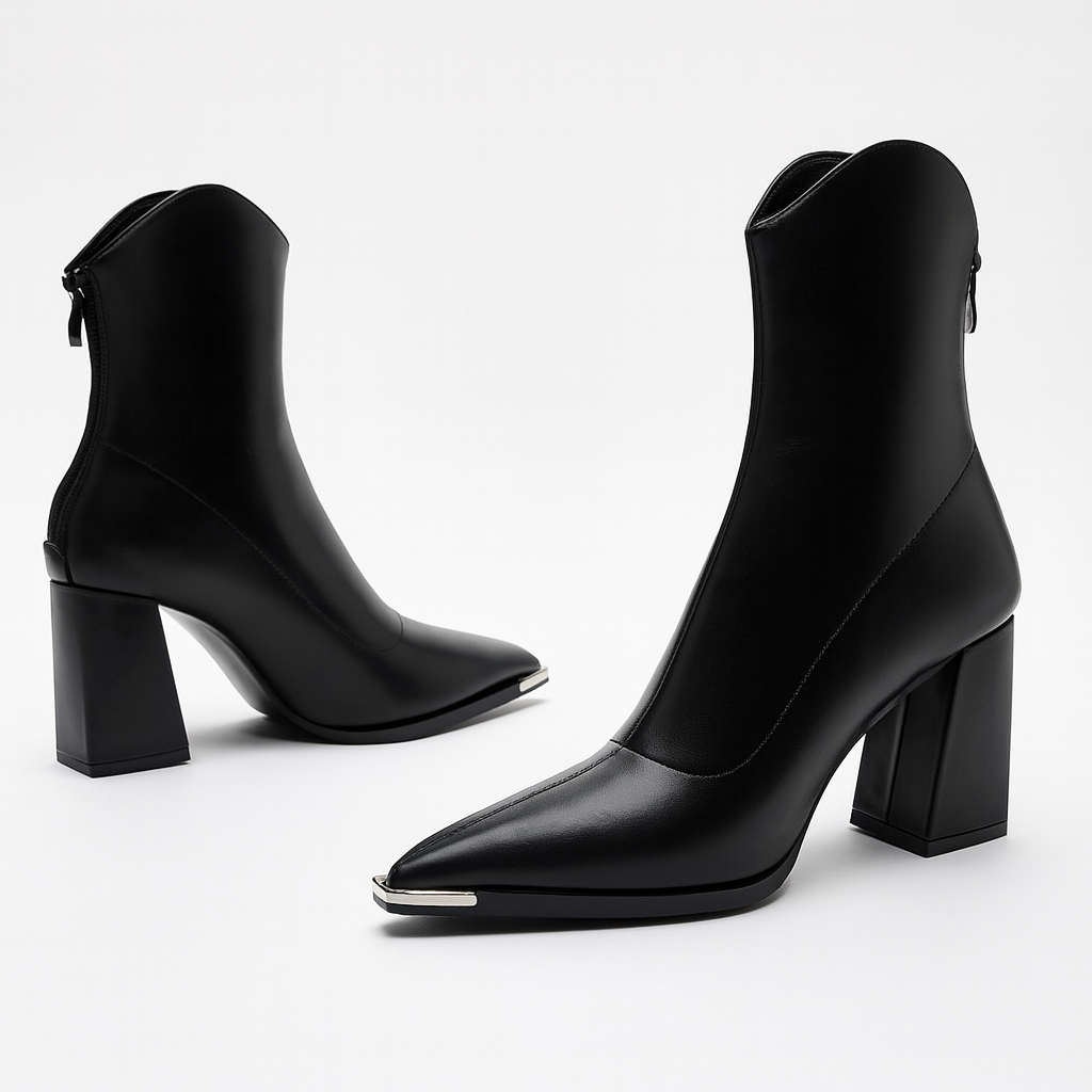 Shelby - Women's Metal Toe Cap Block Heel Ankle Boots