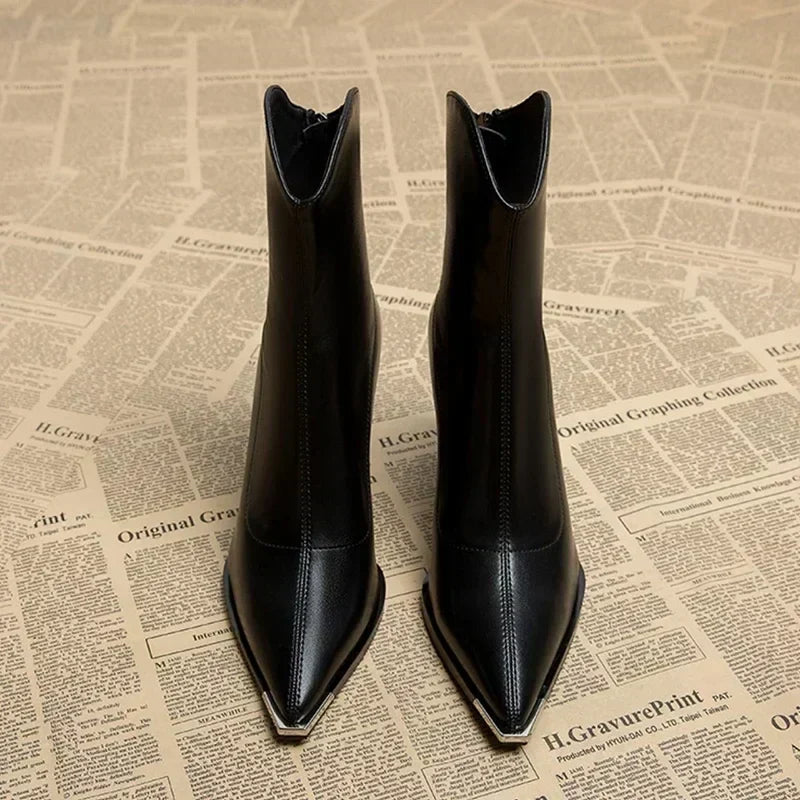 Shelby - Women's Metal Toe Cap Block Heel Ankle Boots
