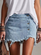 Sienna - Women's Button-Front Frayed Denim Mini Skirt