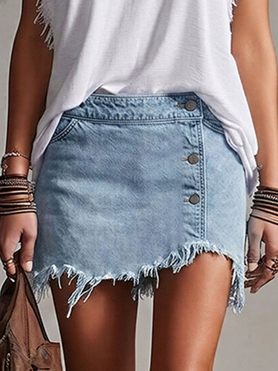 Sienna - Women's Button-Front Frayed Denim Mini Skirt