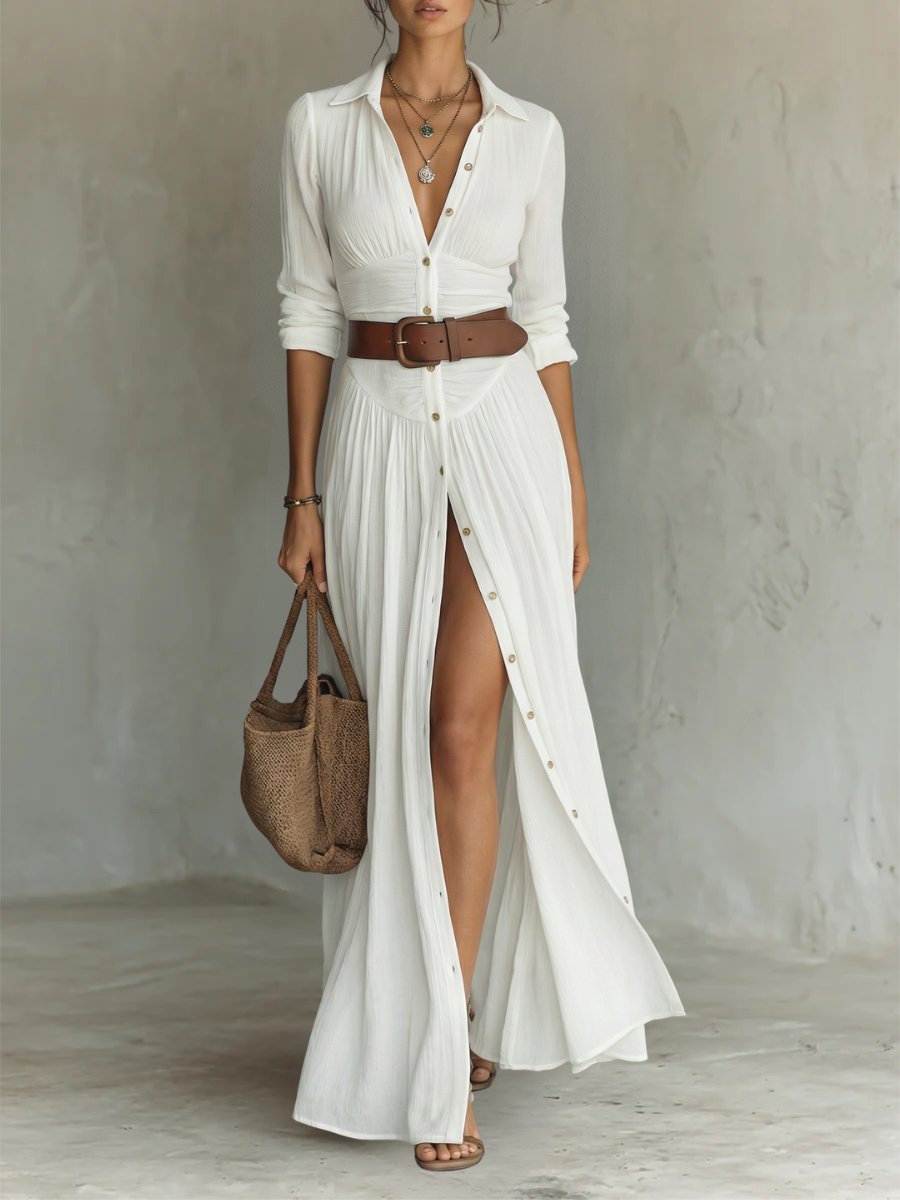 Sienna - Women's Button-Front Shirt Dress with Belt