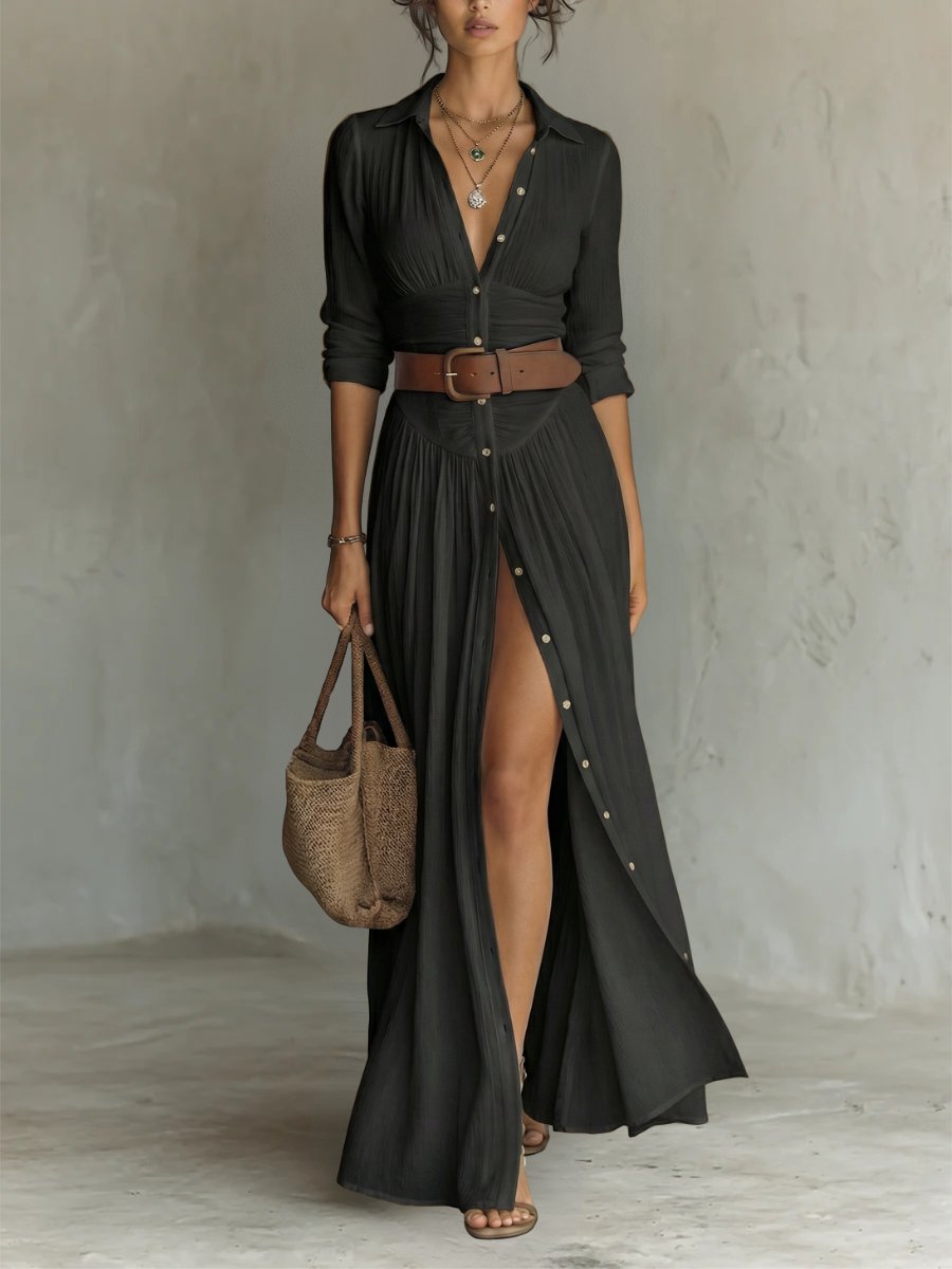 Sienna - Women's Button-Front Shirt Dress with Belt