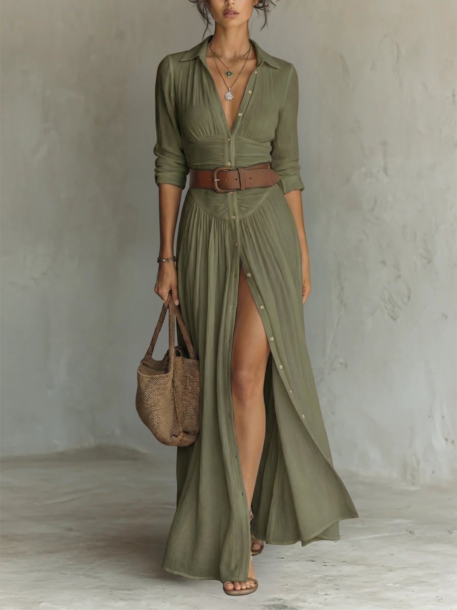 Sienna - Women's Button-Front Shirt Dress with Belt
