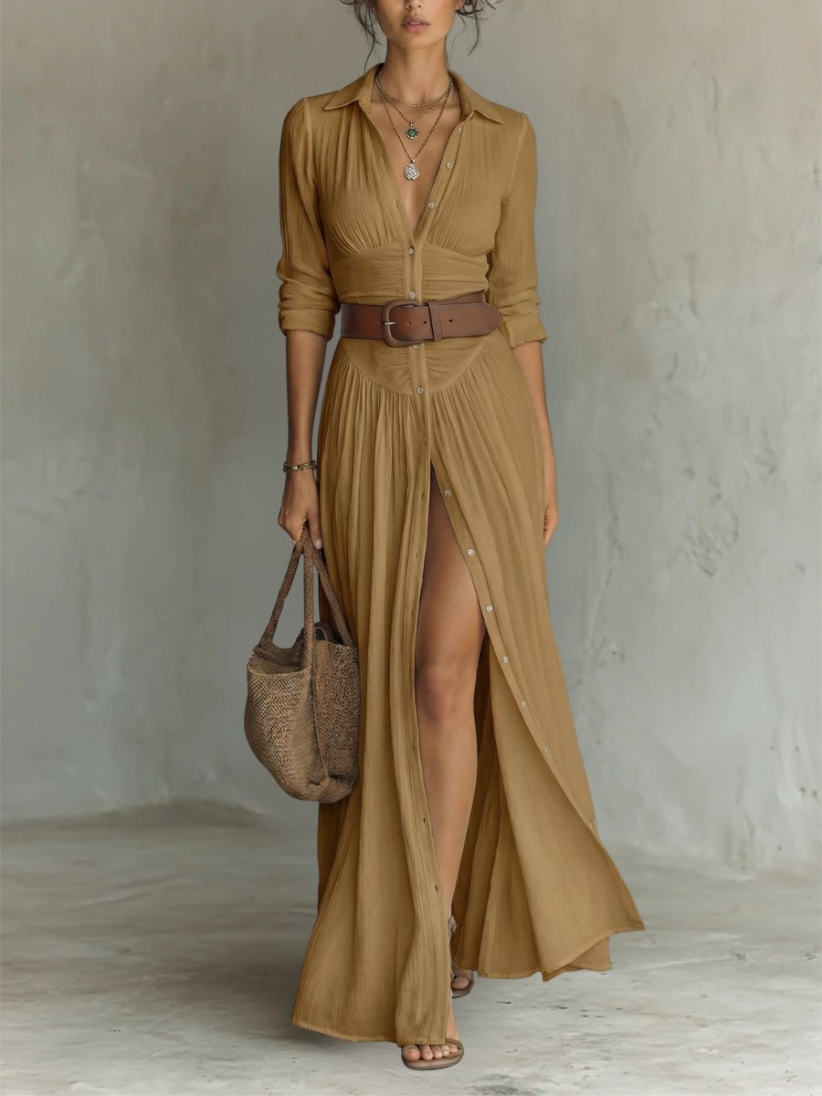 Sienna - Women's Button-Front Shirt Dress with Belt