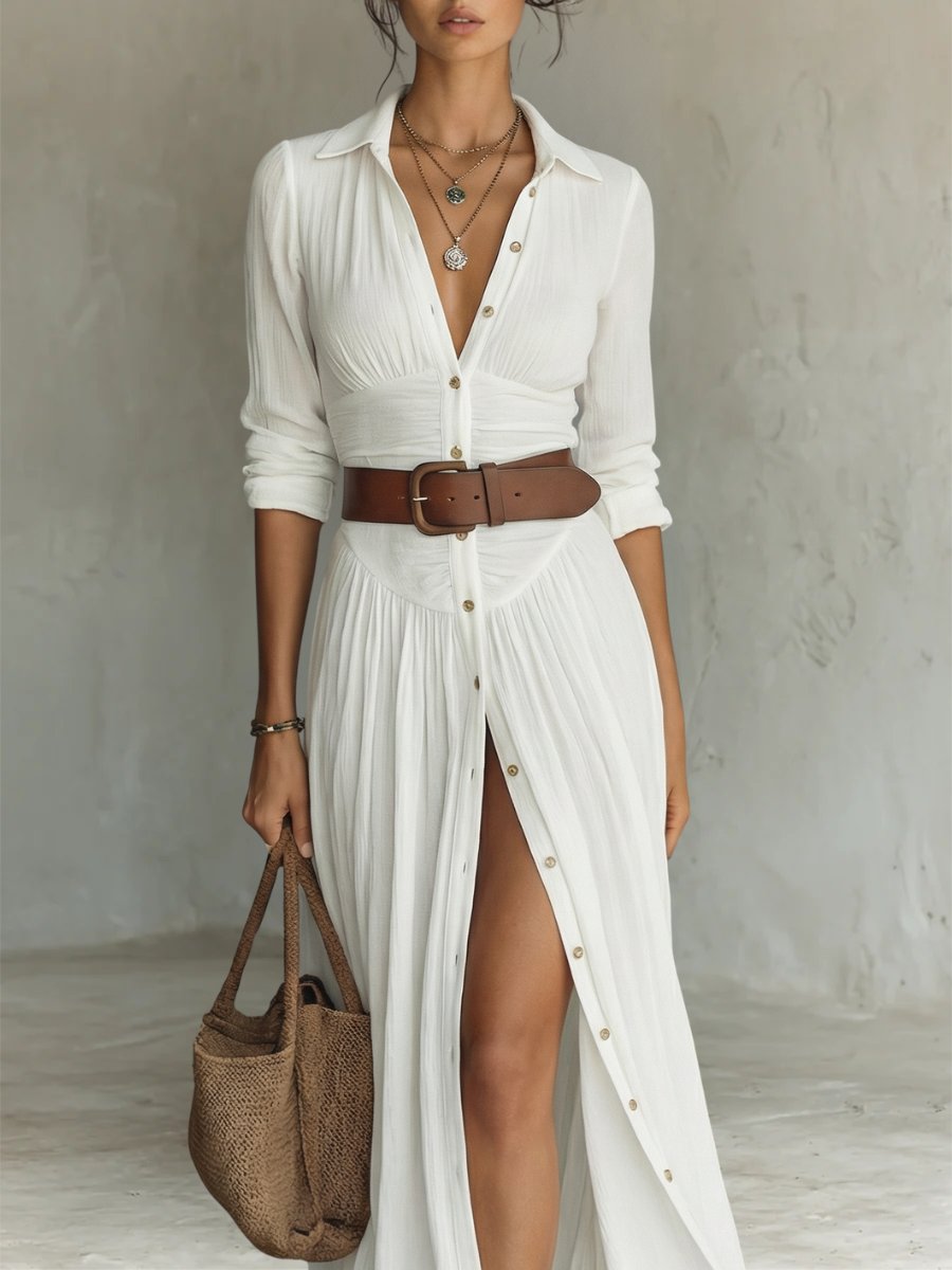 Sienna - Women's Button-Front Shirt Dress with Belt