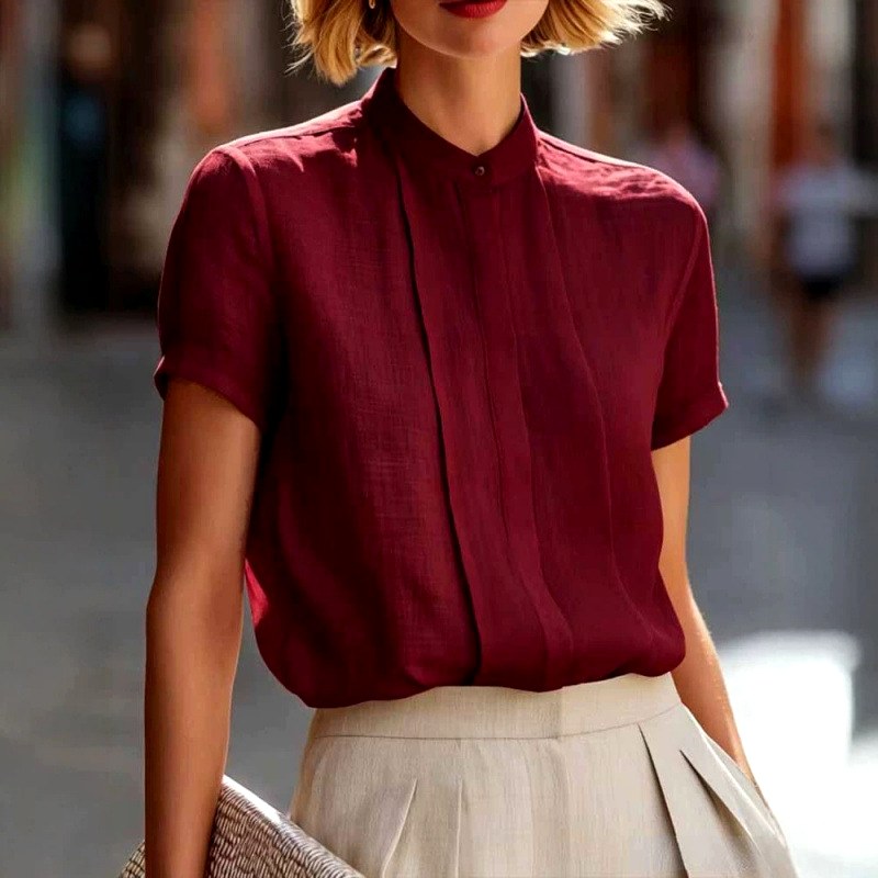 Simone - Women's Mandarin Collar Short Sleeve Blouse 4