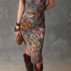 Sophia - Women's Abstract Printed Ruched Midi Dress 3