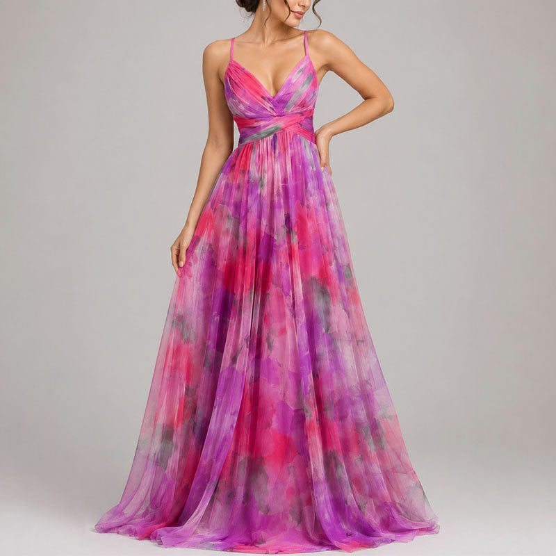 Stacey - Women's Watercolor Print Chiffon Maxi Dress
