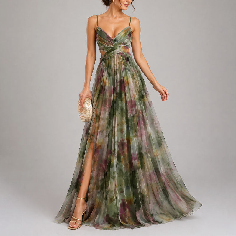 Stacey - Women's Watercolor Print Chiffon Maxi Dress