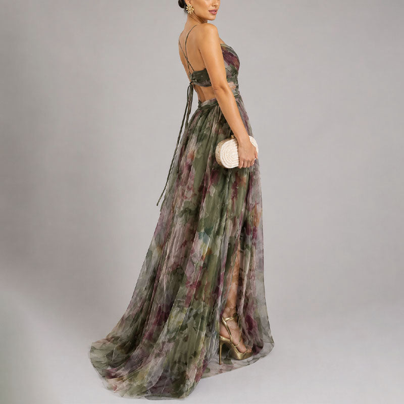 Stacey - Women's Watercolor Print Chiffon Maxi Dress