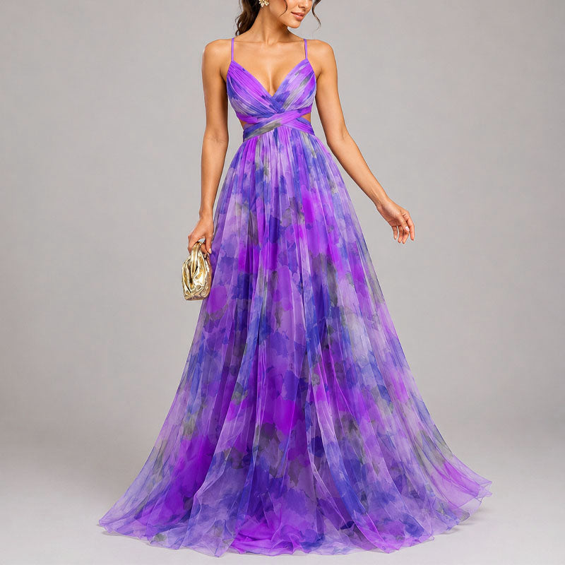Stacey - Women's Watercolor Print Chiffon Maxi Dress