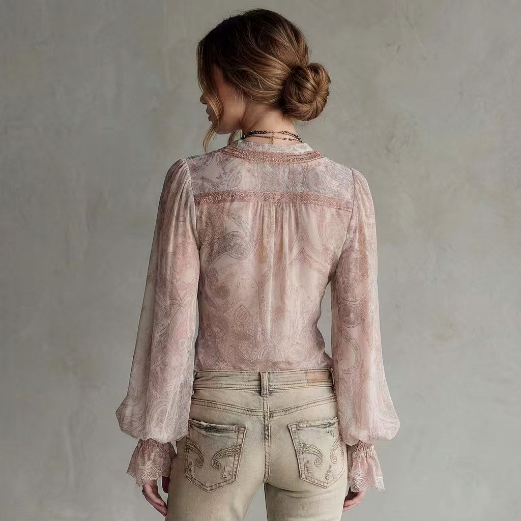 Stella - Women's Sheer Printed V-Neck Blouse 3