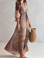 Sydney - Women's Paisley V-Neck Gathered Chiffon Maxi Dress