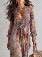 Sydney - Women's Paisley V-Neck Gathered Chiffon Maxi Dress
