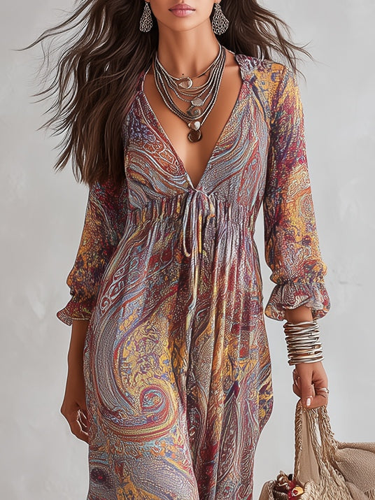 Sydney - Women's Paisley V-Neck Gathered Chiffon Maxi Dress