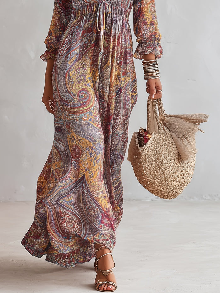Sydney - Women's Paisley V-Neck Gathered Chiffon Maxi Dress