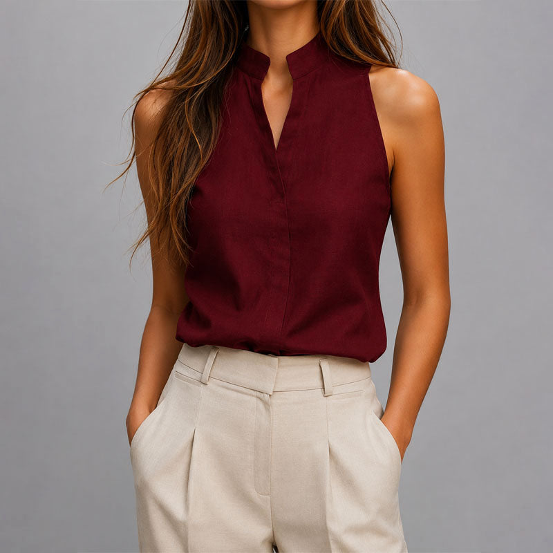 Taylor - Women's Sleeveless Mandarin Collar V-Neck Blouse