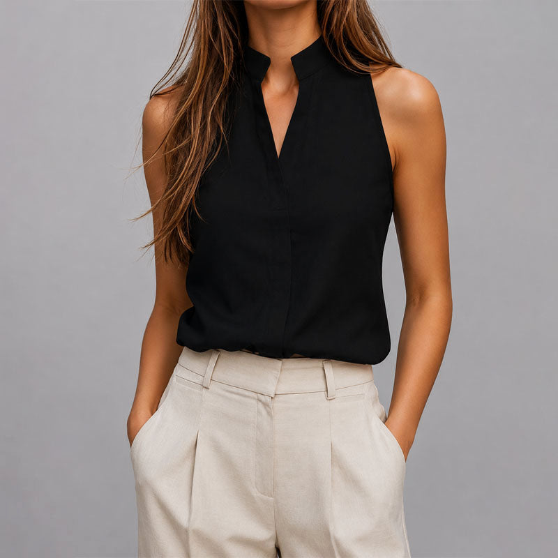 Taylor - Women's Sleeveless Mandarin Collar V-Neck Blouse