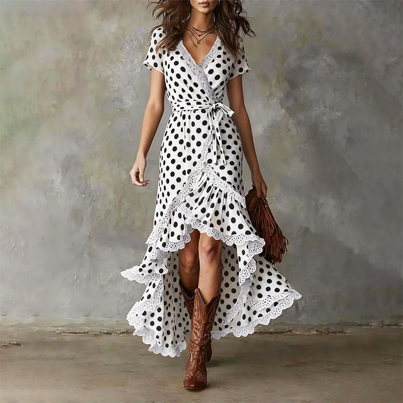 Thea - Women's Wrap Maxi Dress with Lace-Trim Ruffle Hem