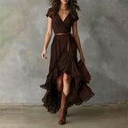 Thea - Women's Wrap Maxi Dress with Lace-Trim Ruffle Hem
