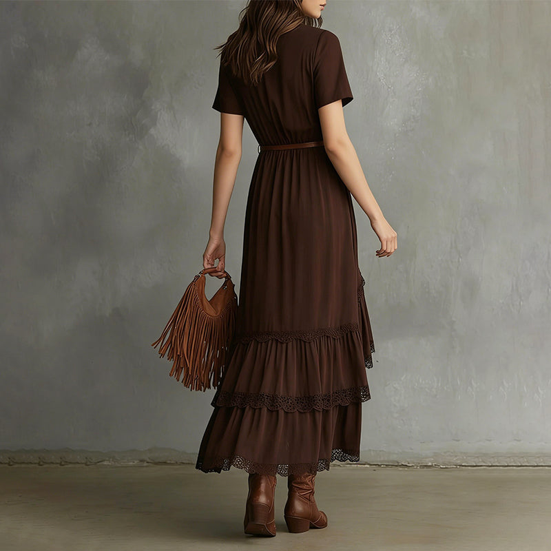 Thea - Women's Wrap Maxi Dress with Lace-Trim Ruffle Hem