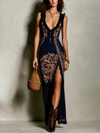 Valerie - Women's Paisley Print High Slit Maxi Dress 3
