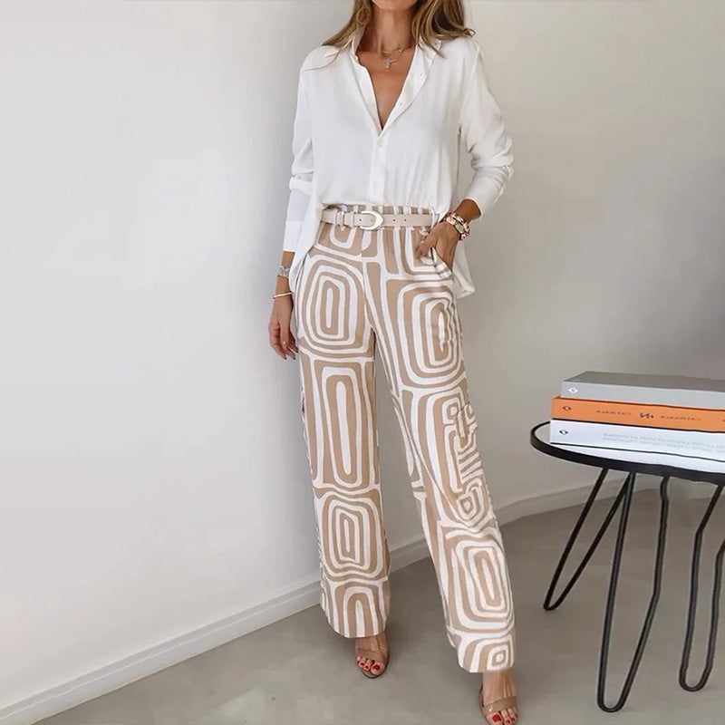 Vanessa - Women's Button-Front Shirt with Geometric Wide-Leg Trousers